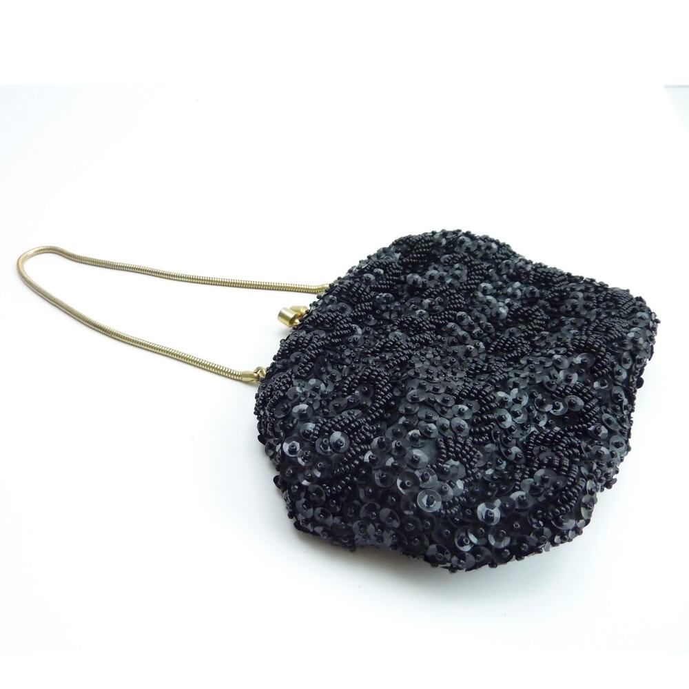 Vintage Womens Hand Beaded Evening Bag Black Gold Chain Kiss Lock Clutch Purse